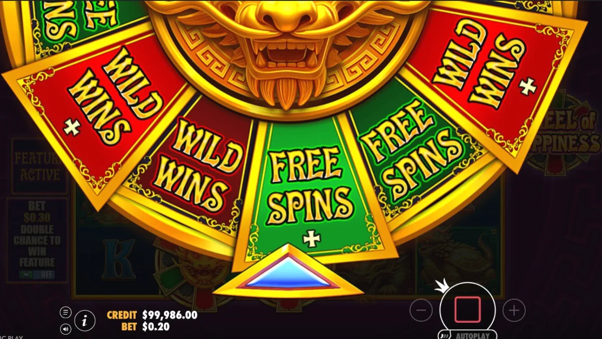 Makulay na disenyo ng Wheel of Happiness slot na may mga gintong dragon at simbolo ng swerte.