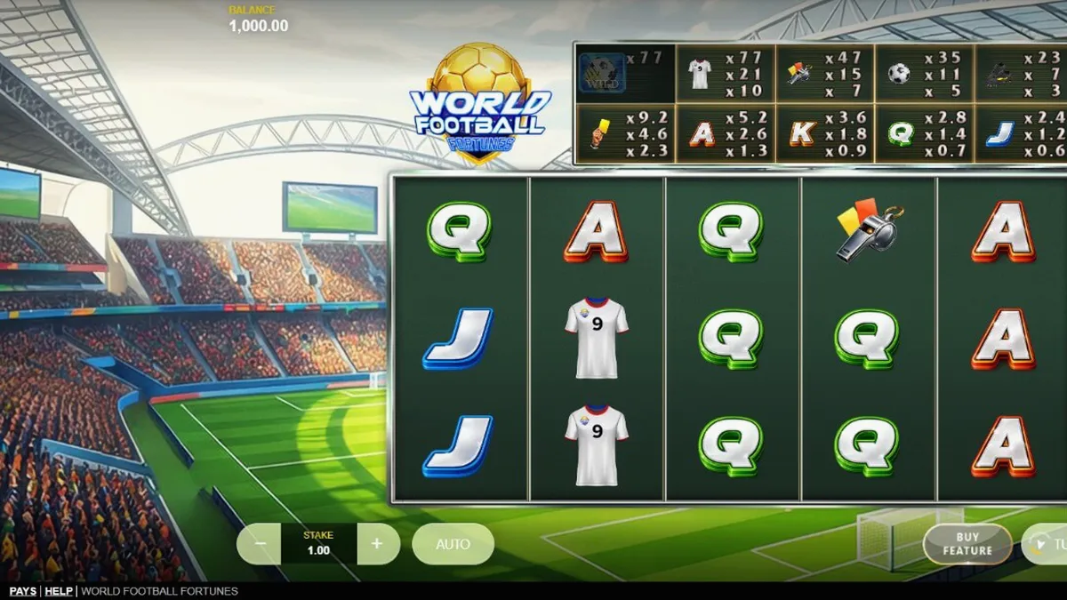 World Football Fortunes slot game interface showing stadium background and reels